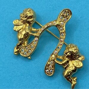 KIRK'S FOLLY Cherub Angels Wishbone Rhinestone Gold Tone Vintage Brooch